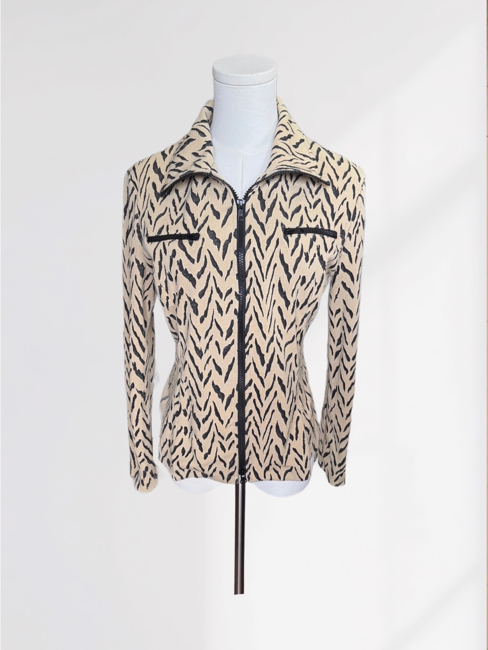 90s-00s Beige Zebra Patterned Zip-Front Nylon Jacket with Black Hardware